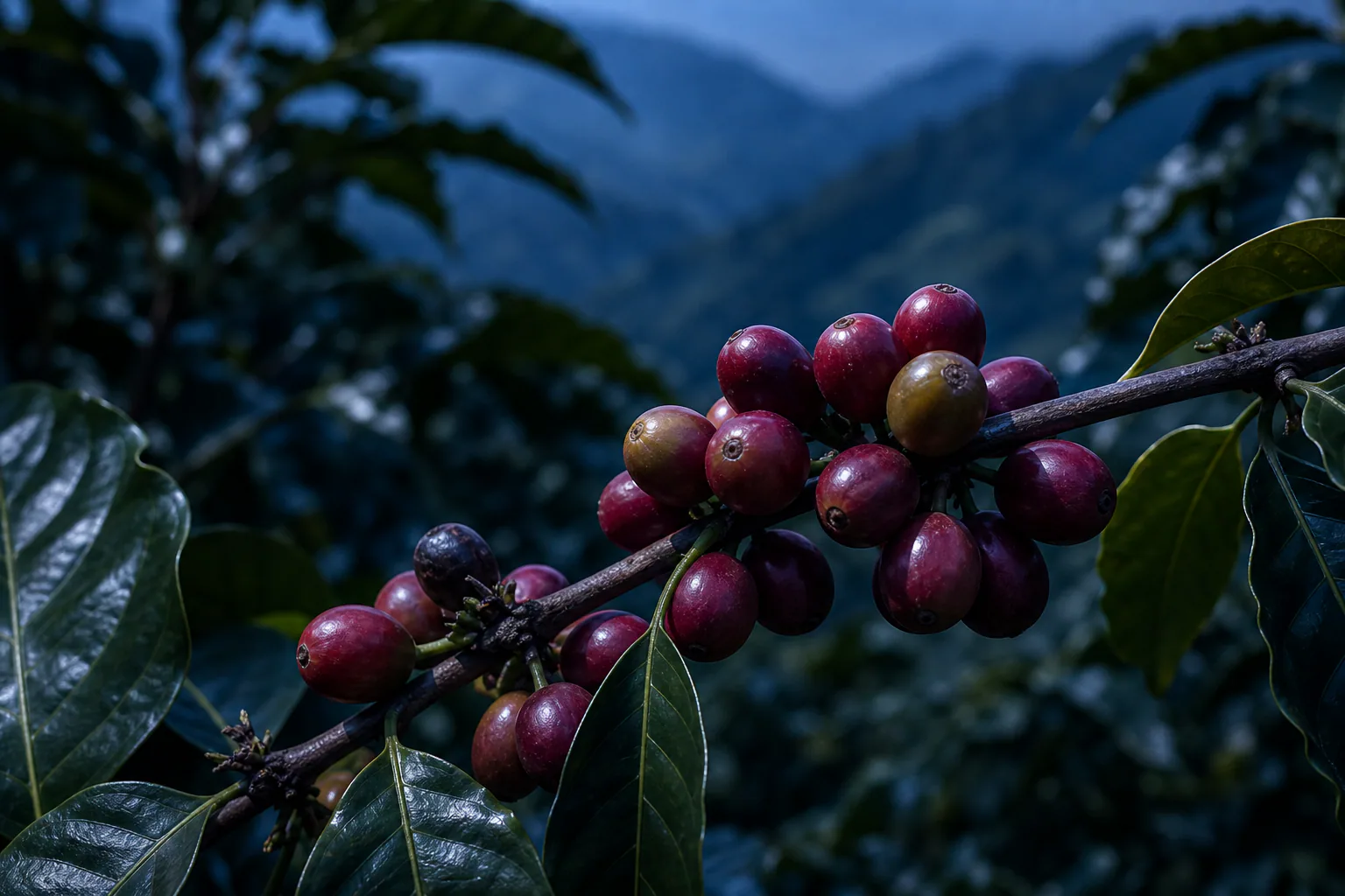 Ripe coffee cherries growing among green leaves