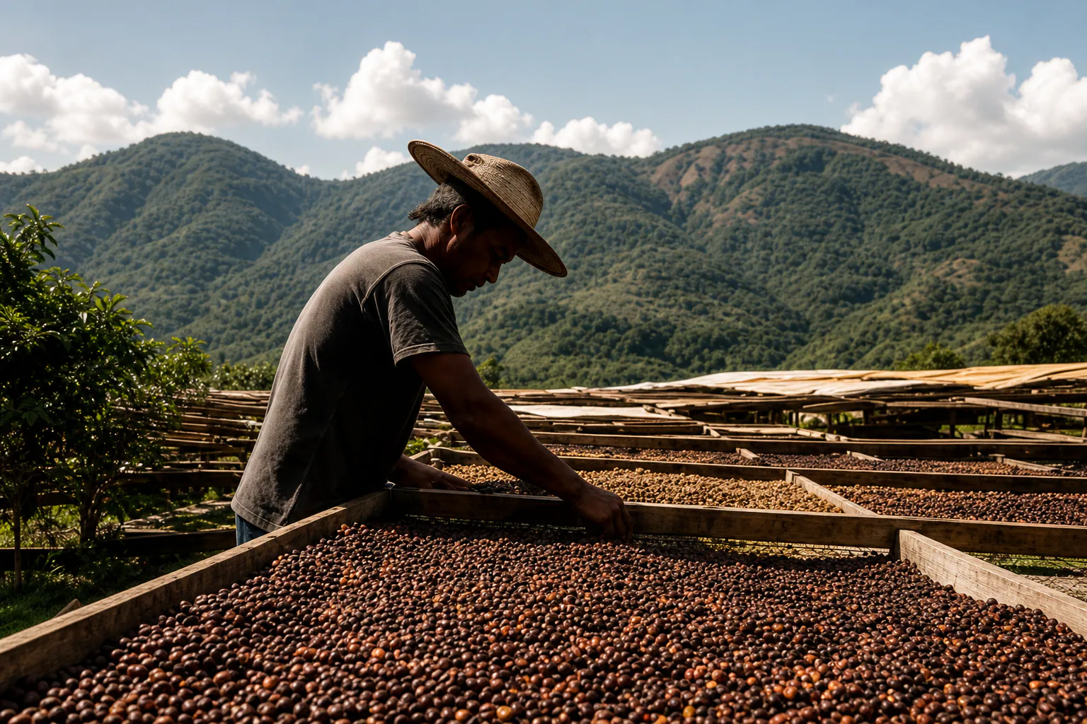 A coffee producer turns beans on raised drying beds in the mountains