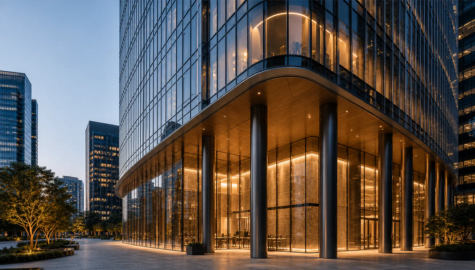 Glass office building with a warmly lit entrance at dusk