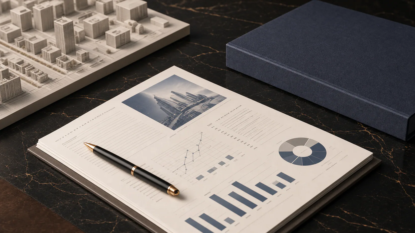 Architectural city model beside a market report and pen