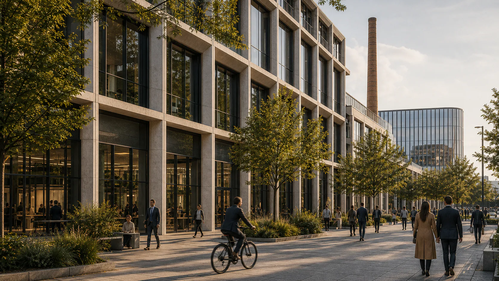 People walking and cycling through a tree-lined mixed-use workplace district