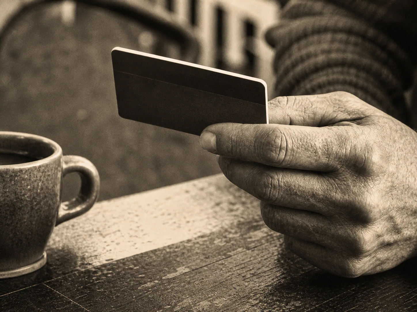 Customer holding a bank card at a cafe table