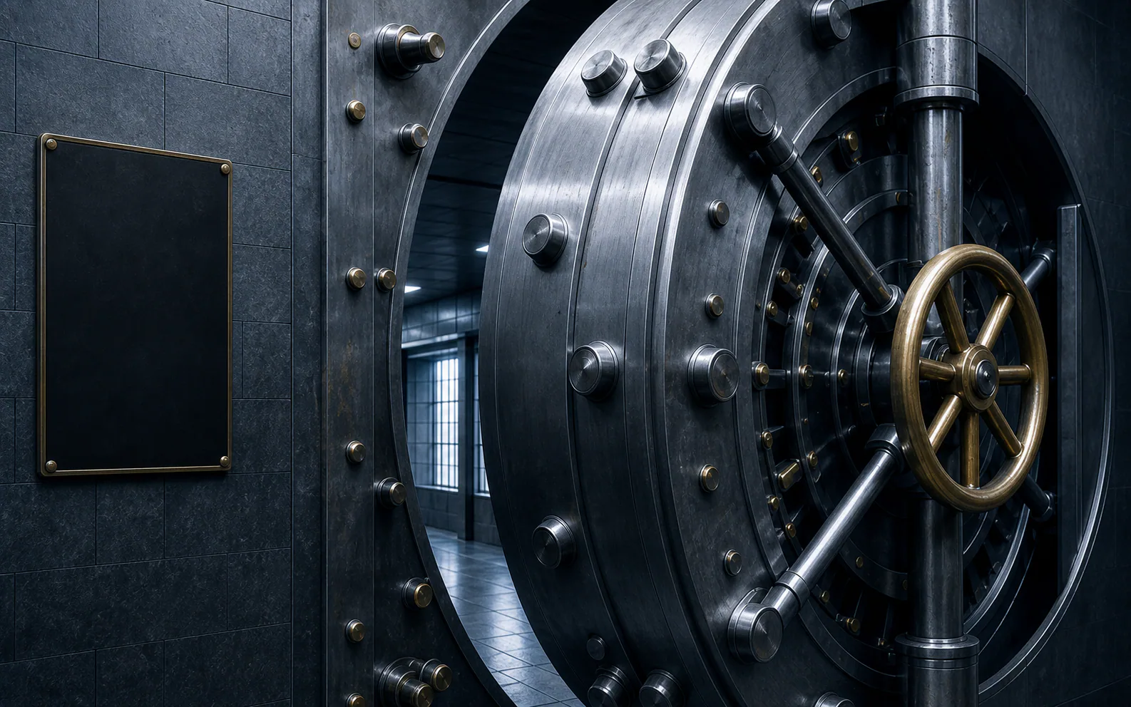 Open steel vault door with a brass wheel in a bank interior