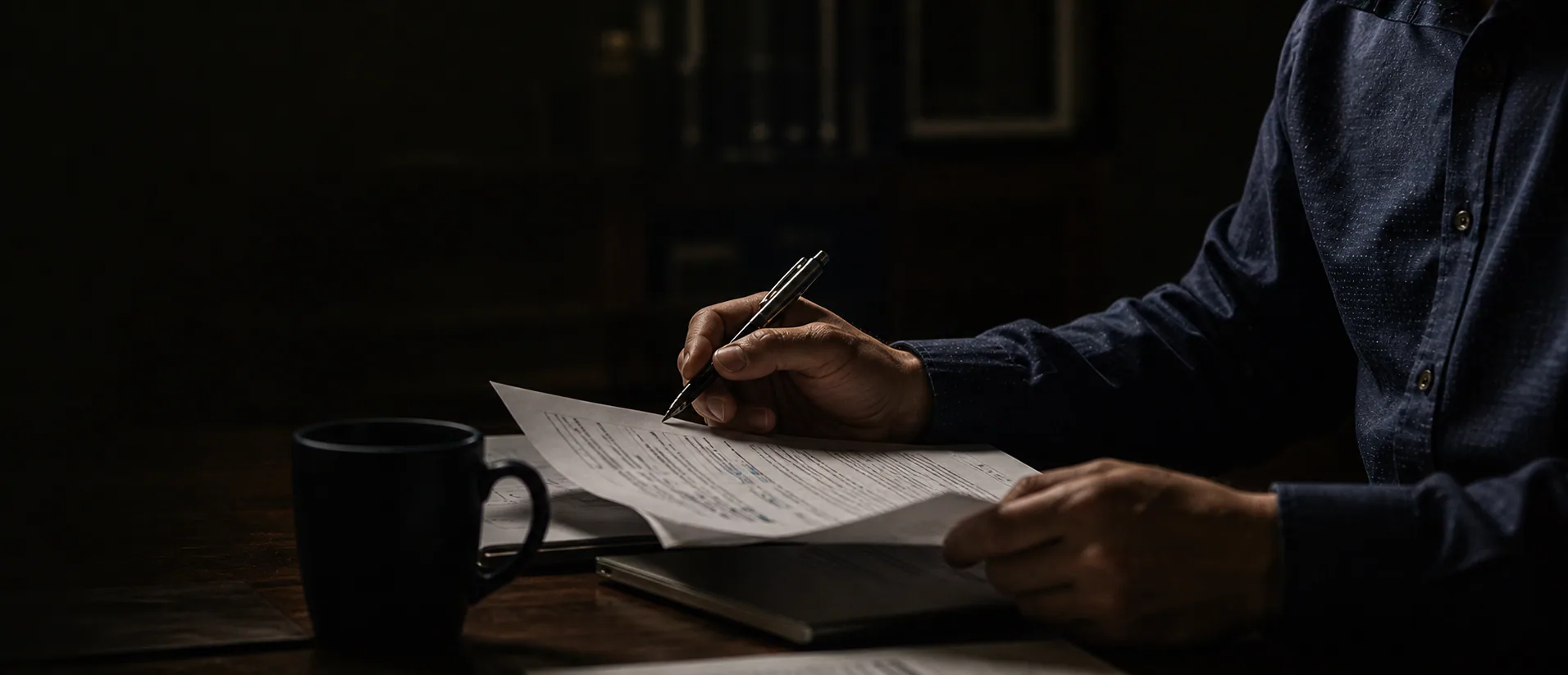 Financial adviser reviewing paperwork at a desk