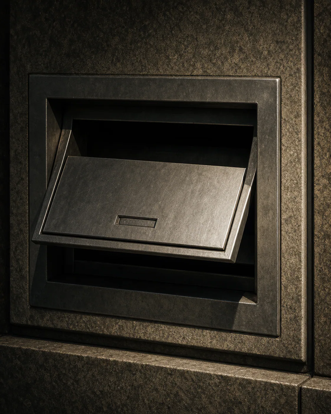 Metal night deposit chute set into a stone bank wall