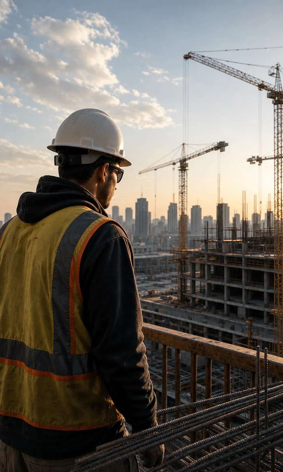 Construction supervisor overlooking an active city building site