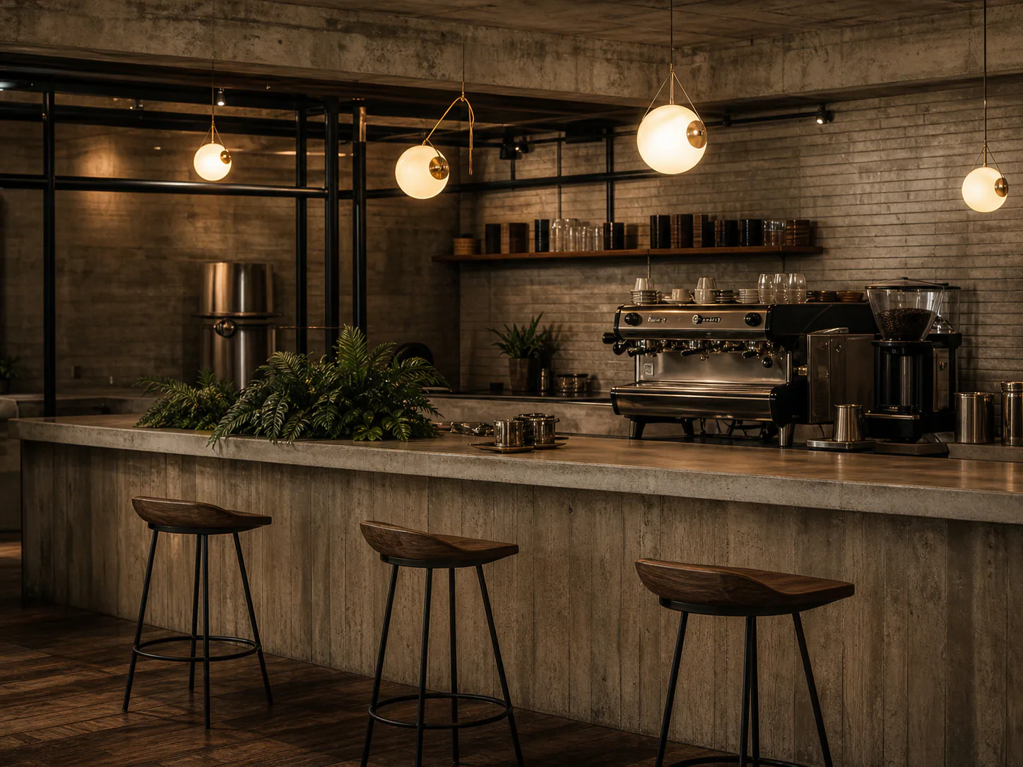 Warm cafe counter with pendant lights