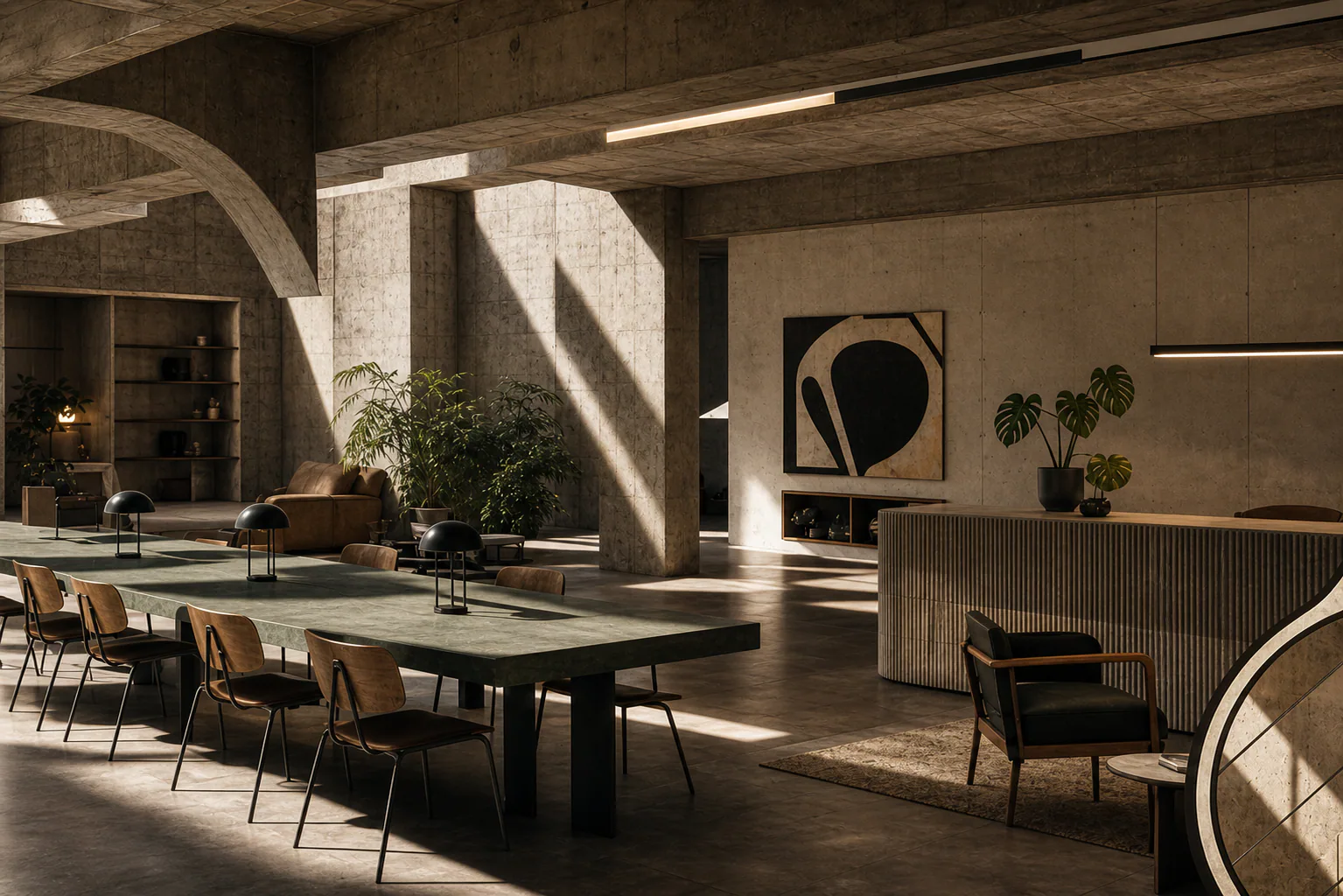 Sunlit concrete lounge with shared work tables