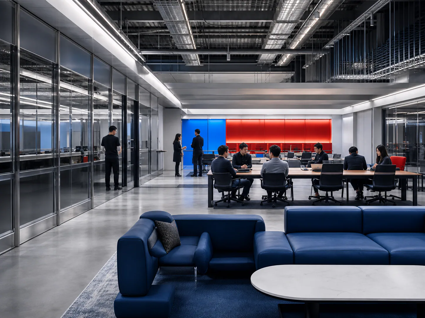 Open lounge with shared tables and city views