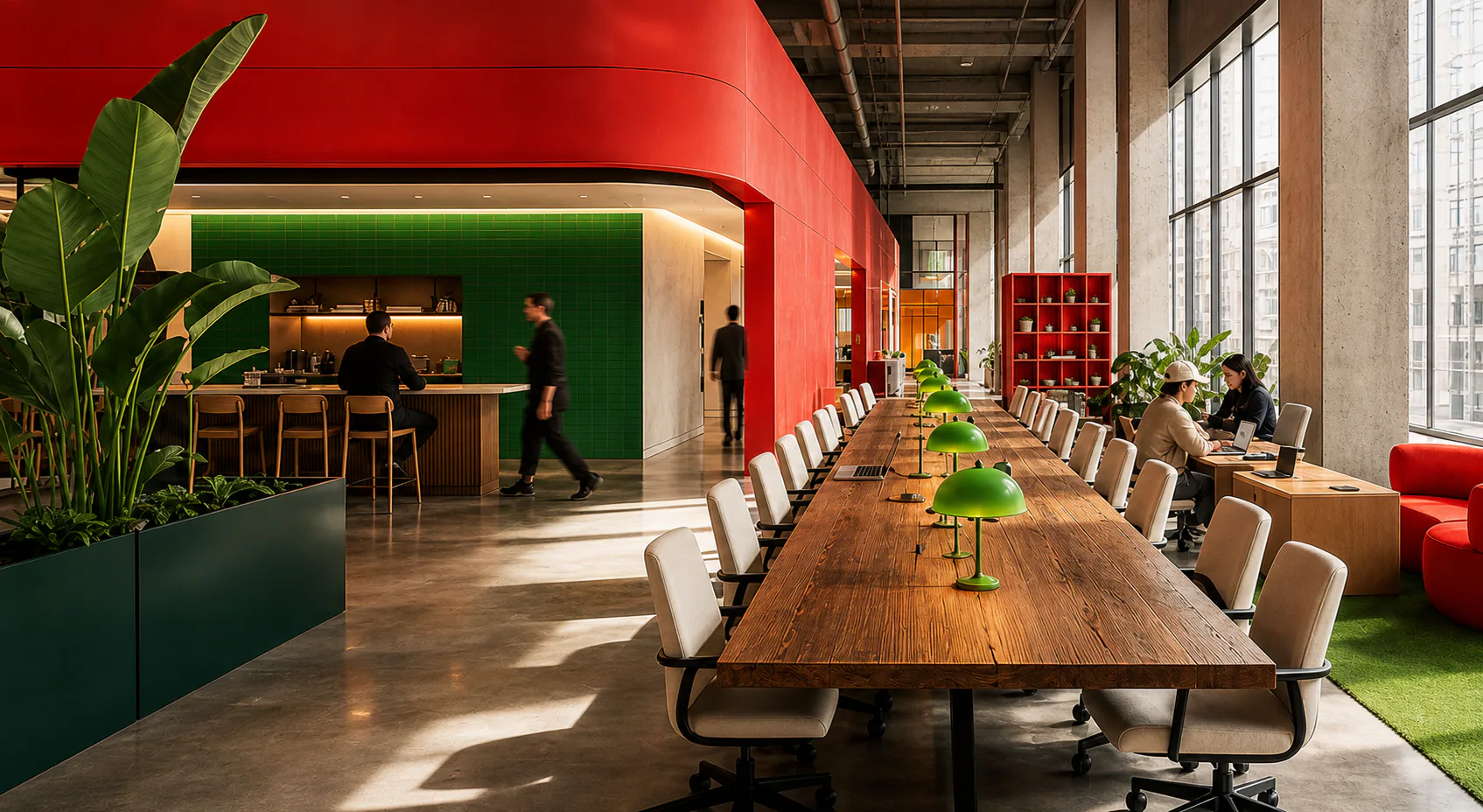 Long shared worktable inside the Common Ground club