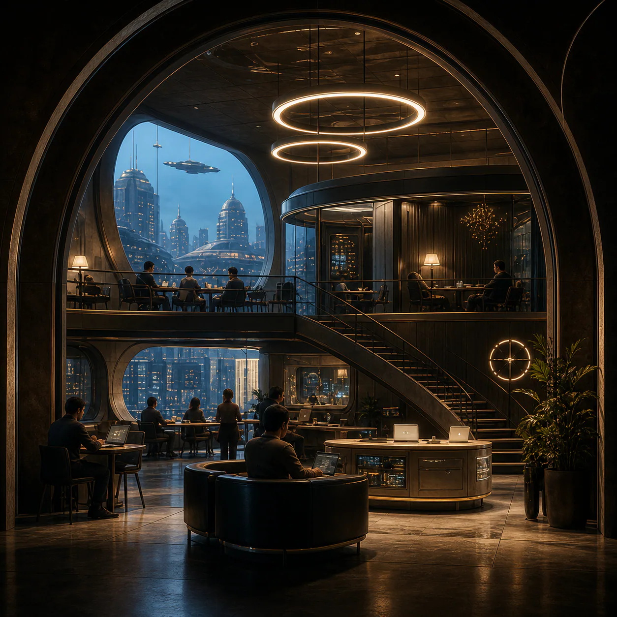 Two-level coworking club with round windows, desks, and warm overhead lights