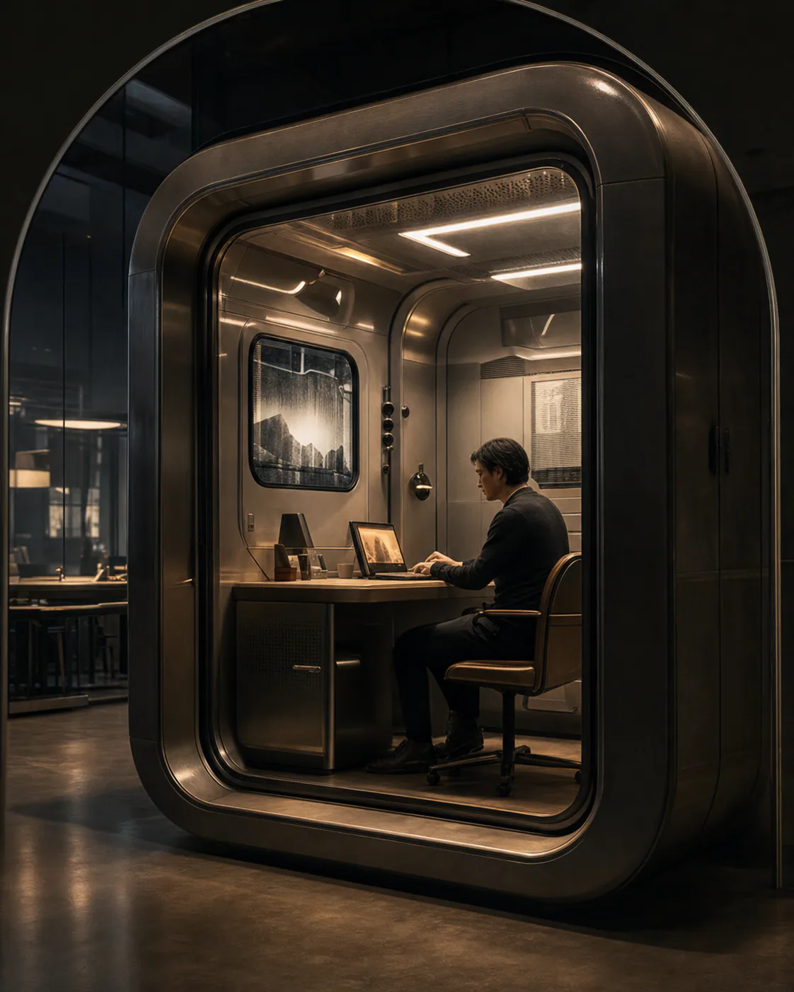 Private focus pod with a desk and curved doorway