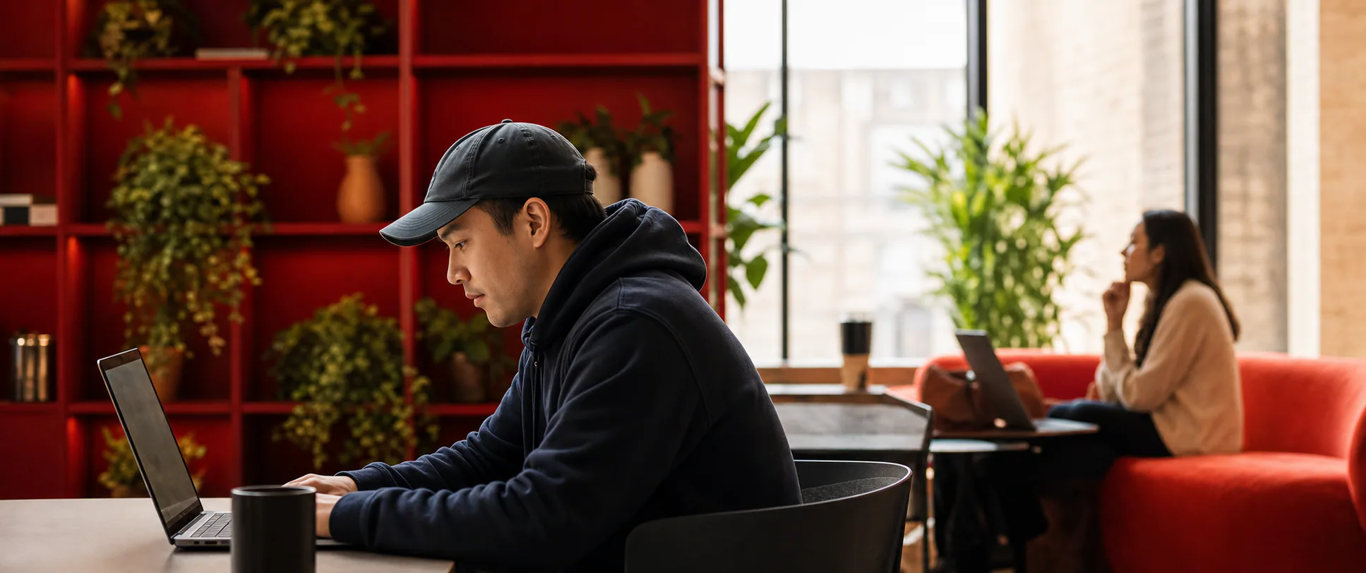 Member working quietly in a red lounge chair