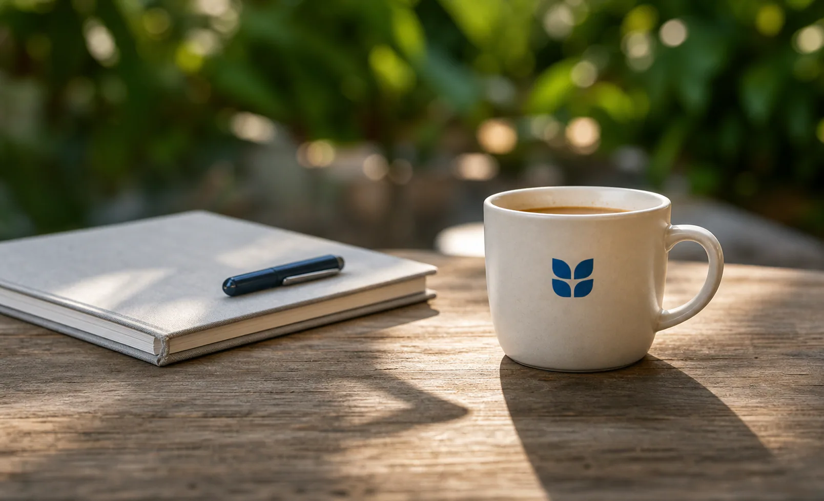 Coffee and notebook on a garden table