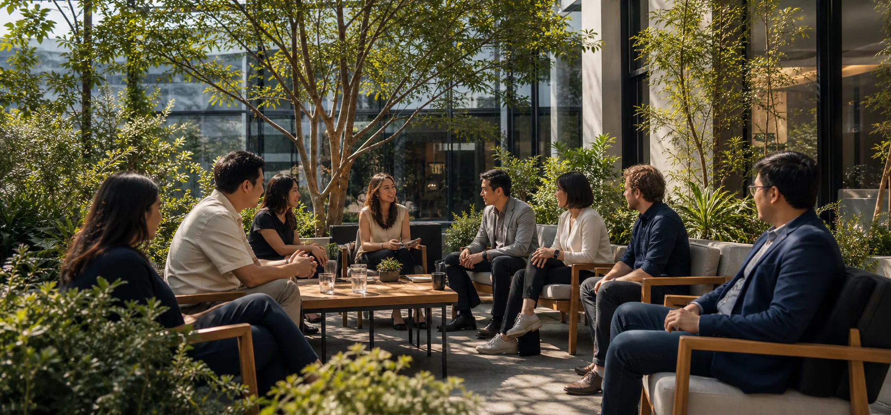 Members sharing a conversation in a planted courtyard
