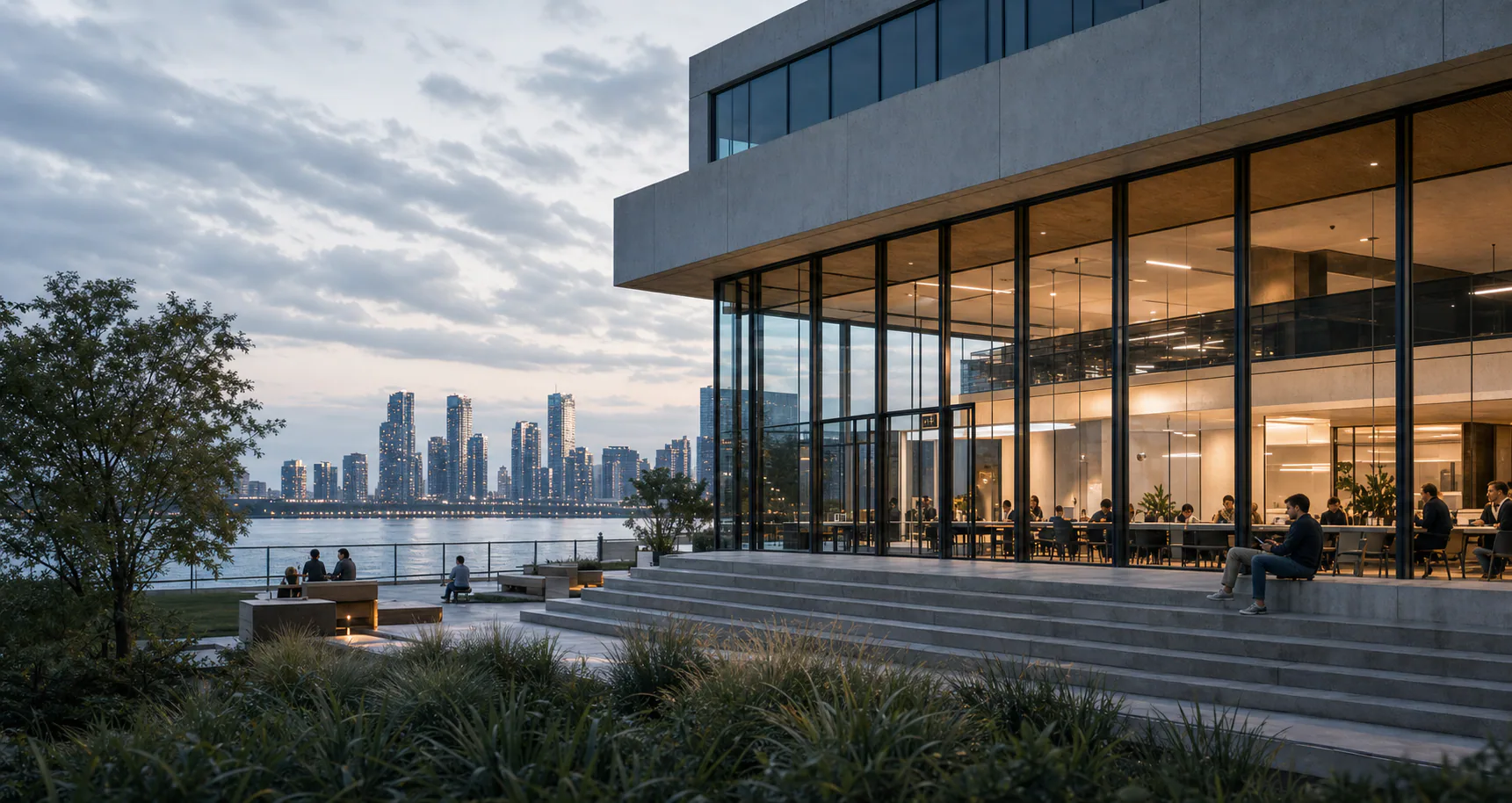 Glass Work Garden clubhouse beside a city waterfront