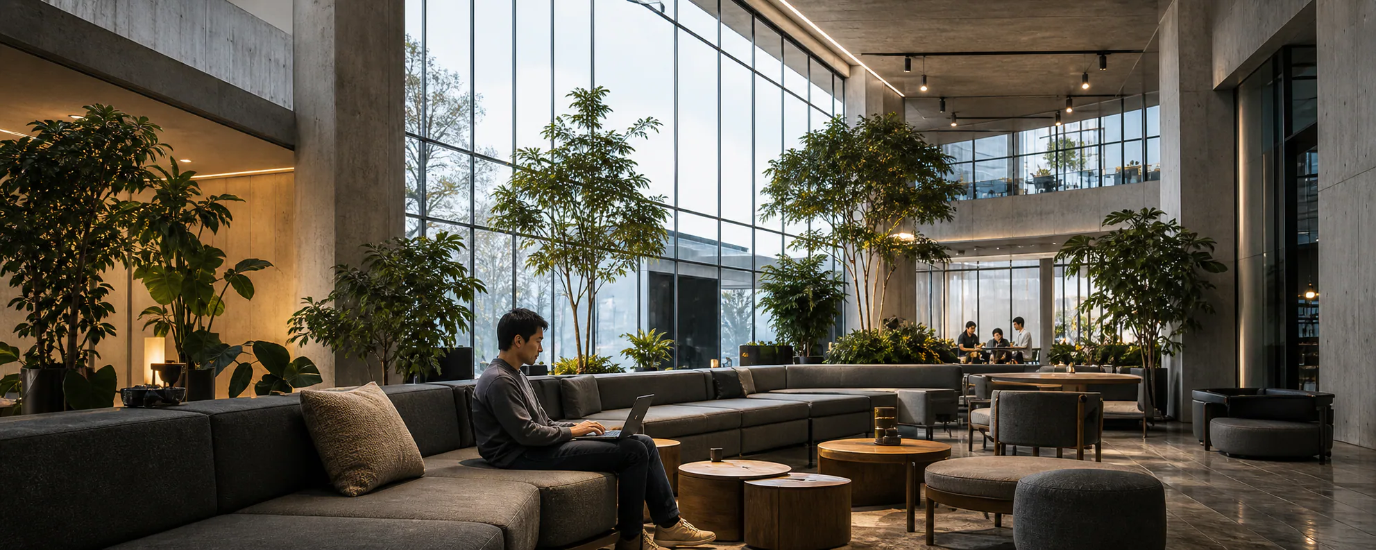 Sunlit lounge with indoor trees and soft seating