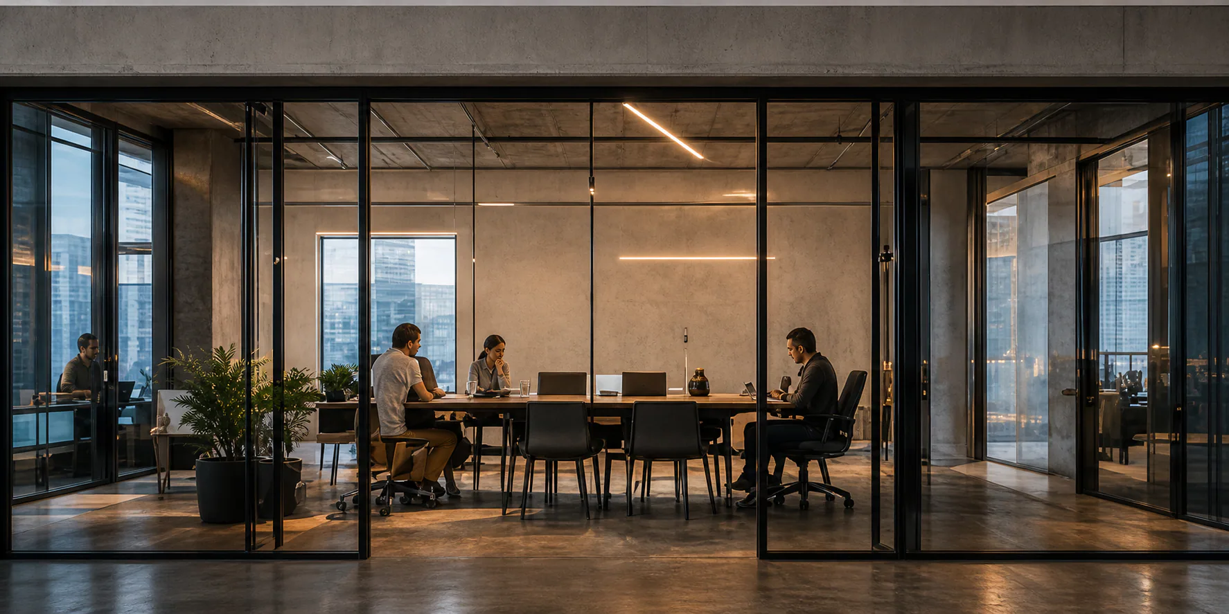 Glass meeting room prepared for a small team