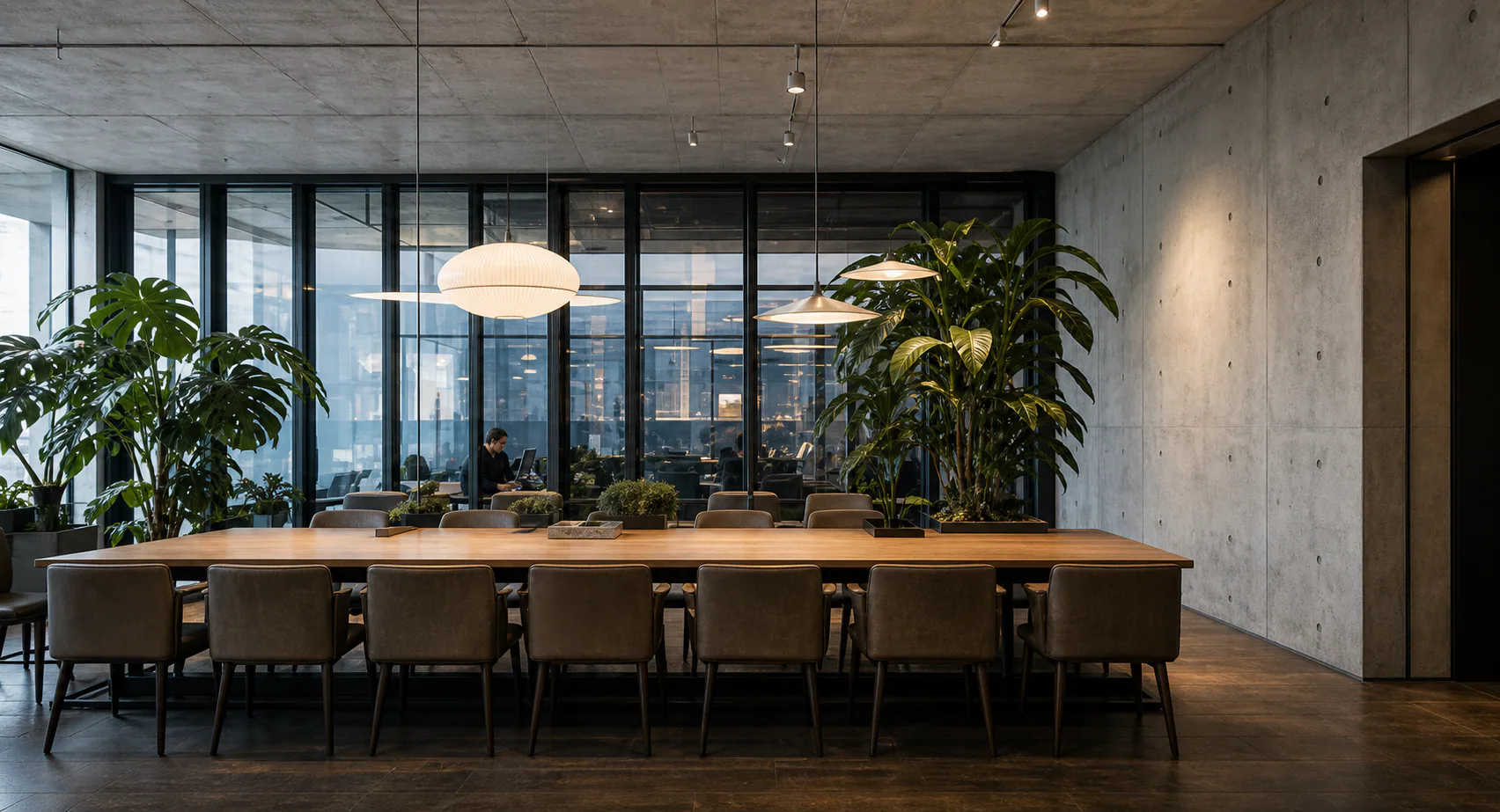Communal work table in a concrete and glass room