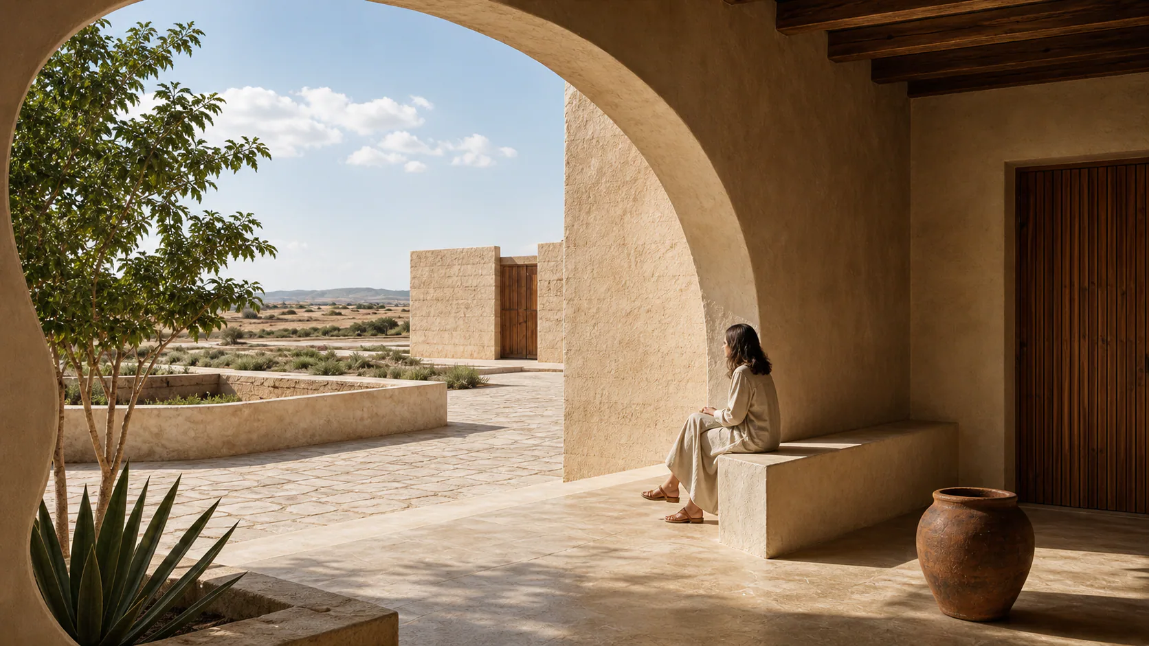 A sunlit sand-plaster courtyard opening toward the desert
