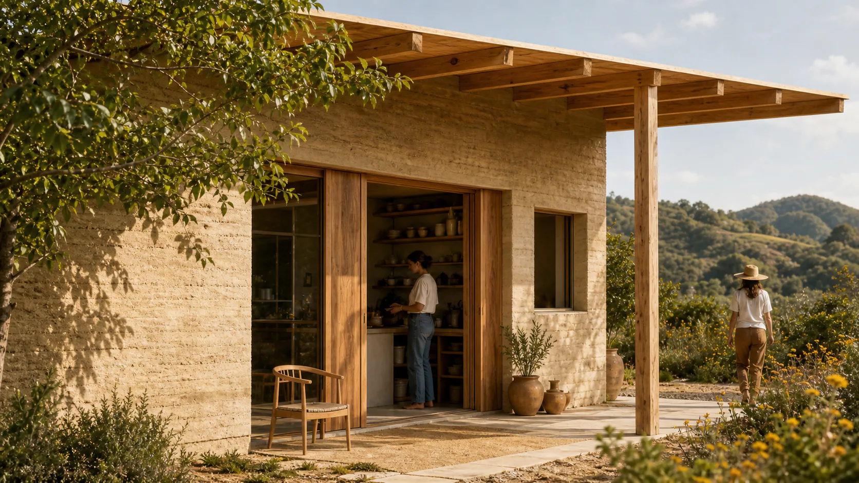 Sunlit workshop with timber tables, clay samples, and leafy plants