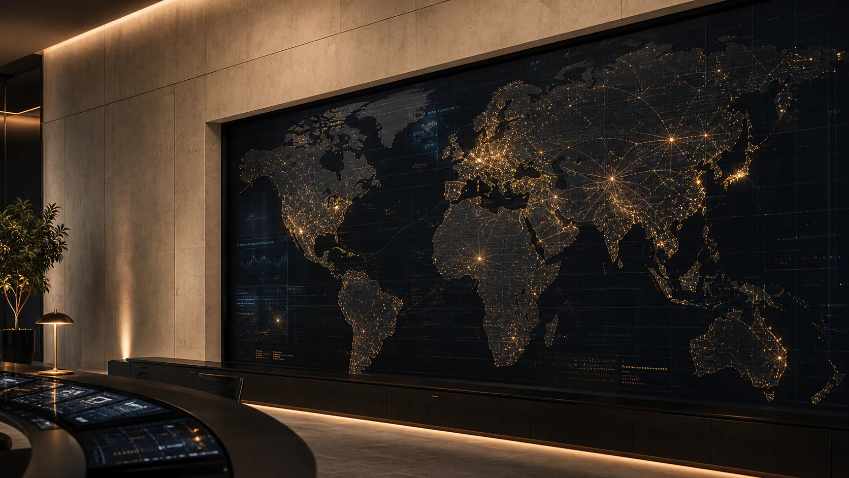Dark global threat map with connected points of light