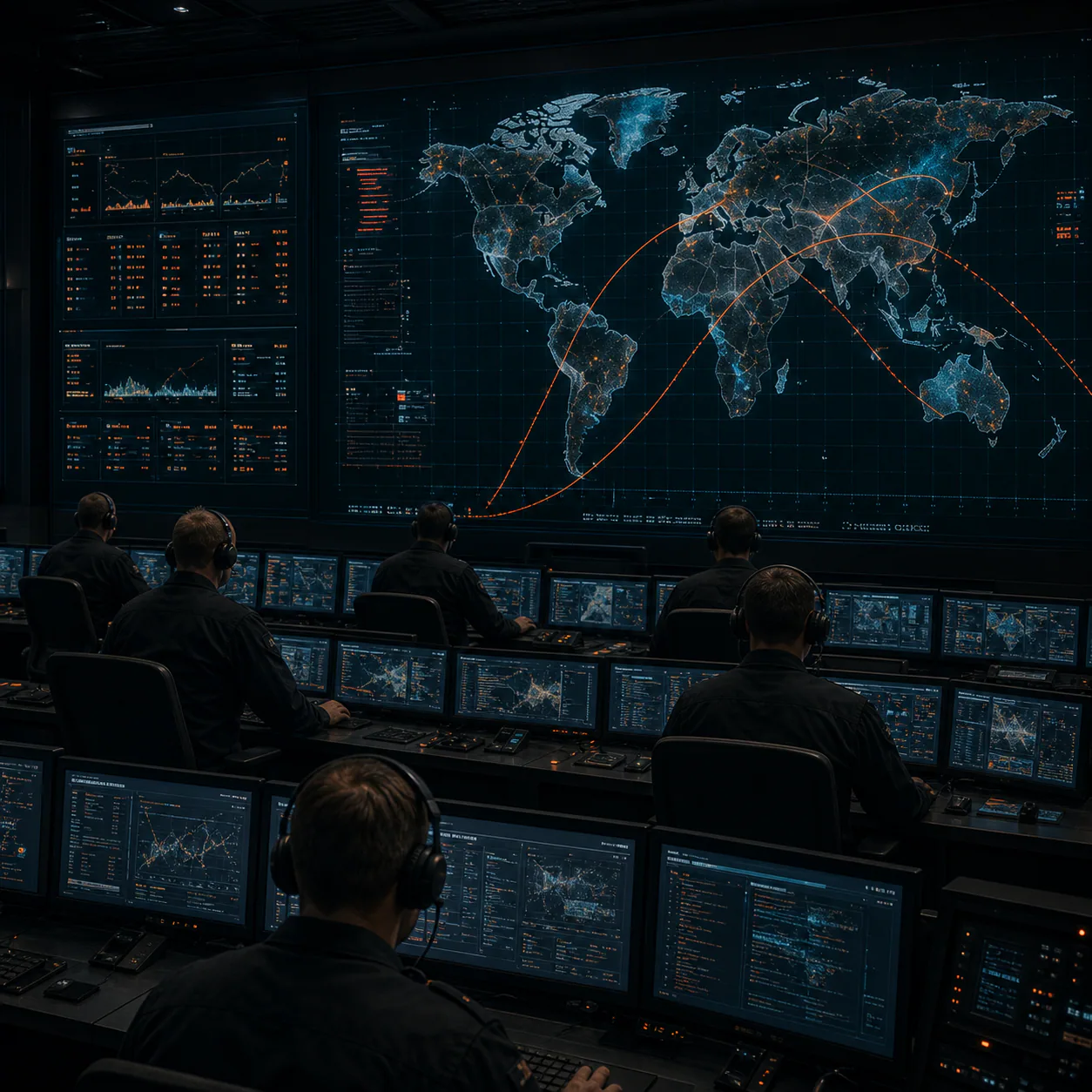 Operators monitoring a multi-screen command center