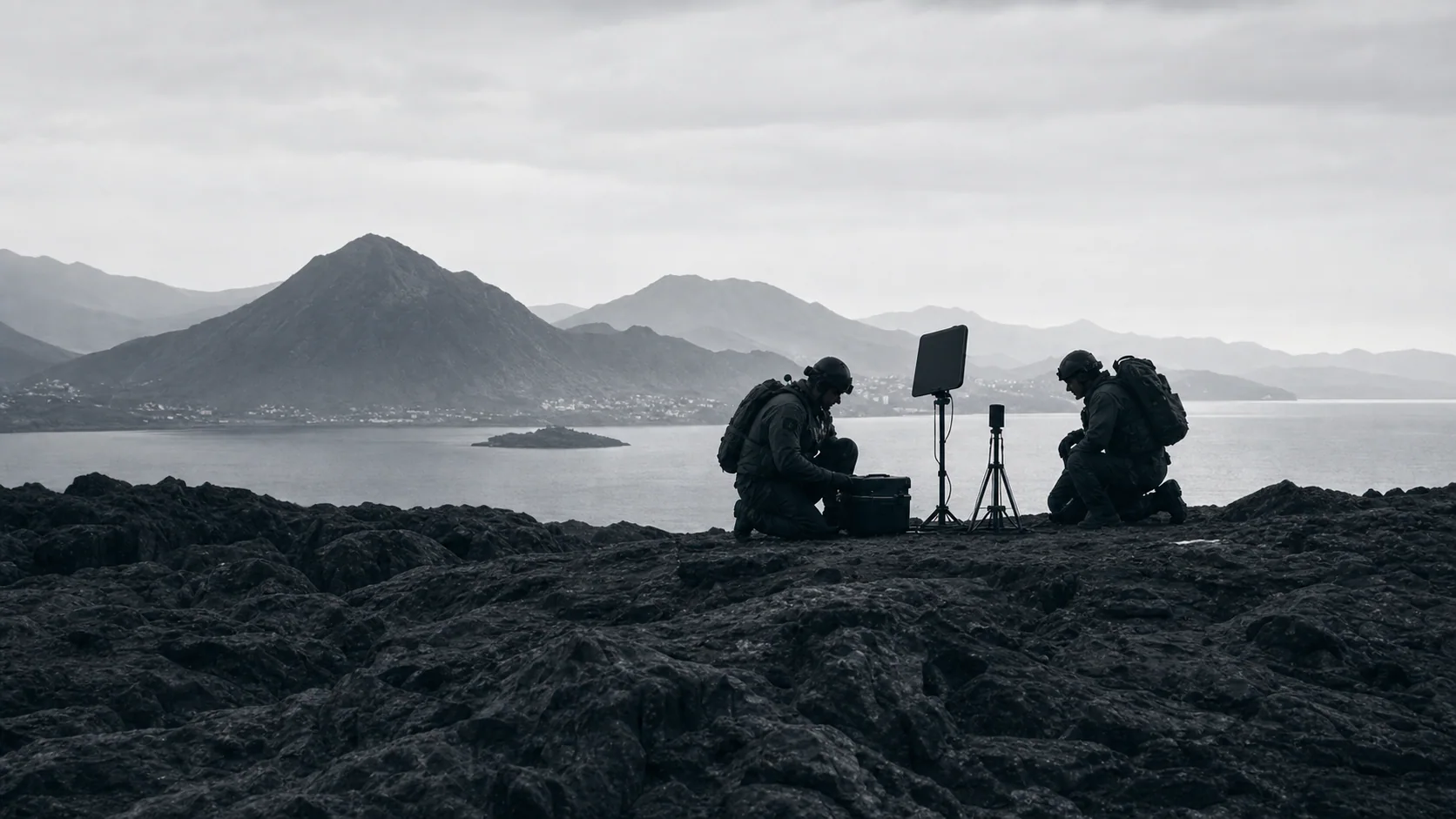 Two field engineers calibrating equipment on a coastal ridge