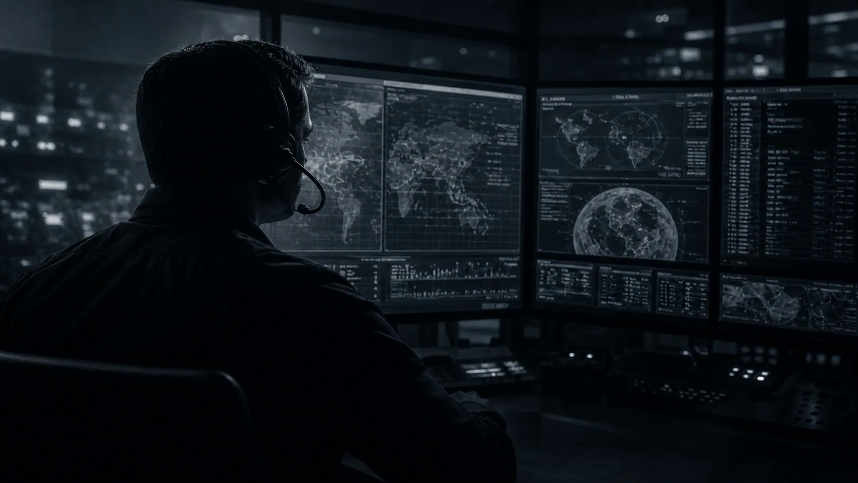 Mission operator monitoring a wall of tactical displays