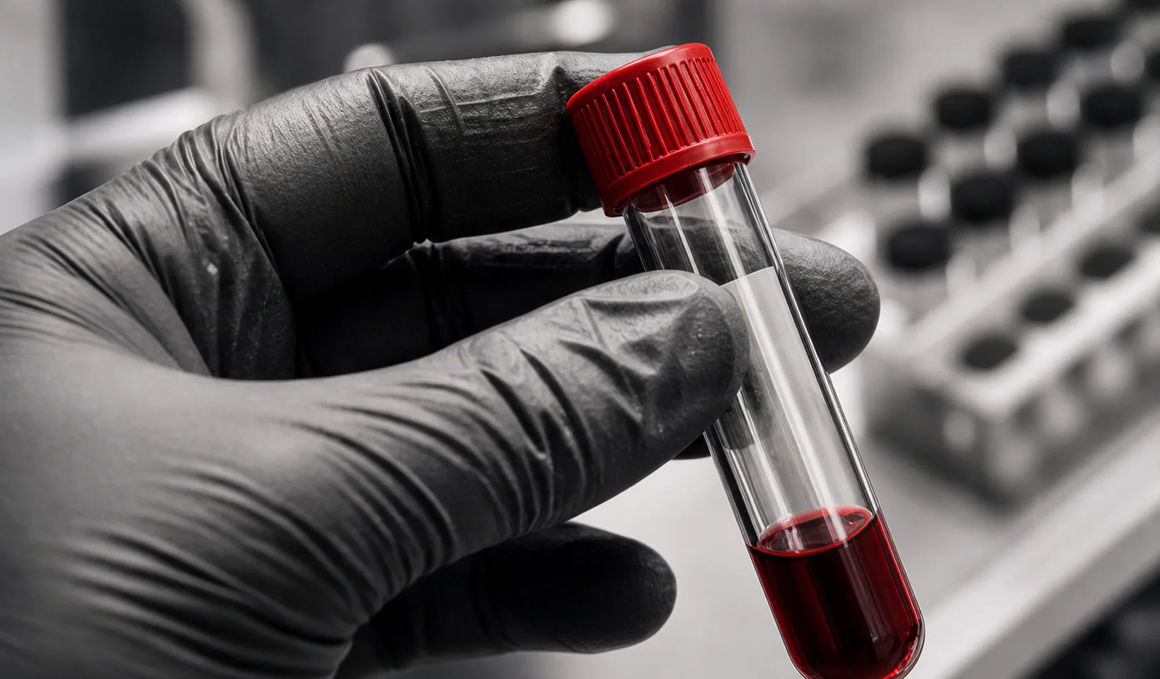 Gloved hand holding a blood sample tube