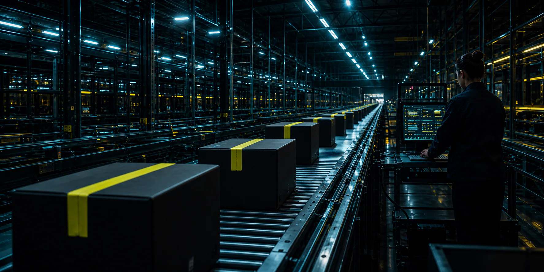 Operator monitoring a late-night fulfillment line of black parcels
