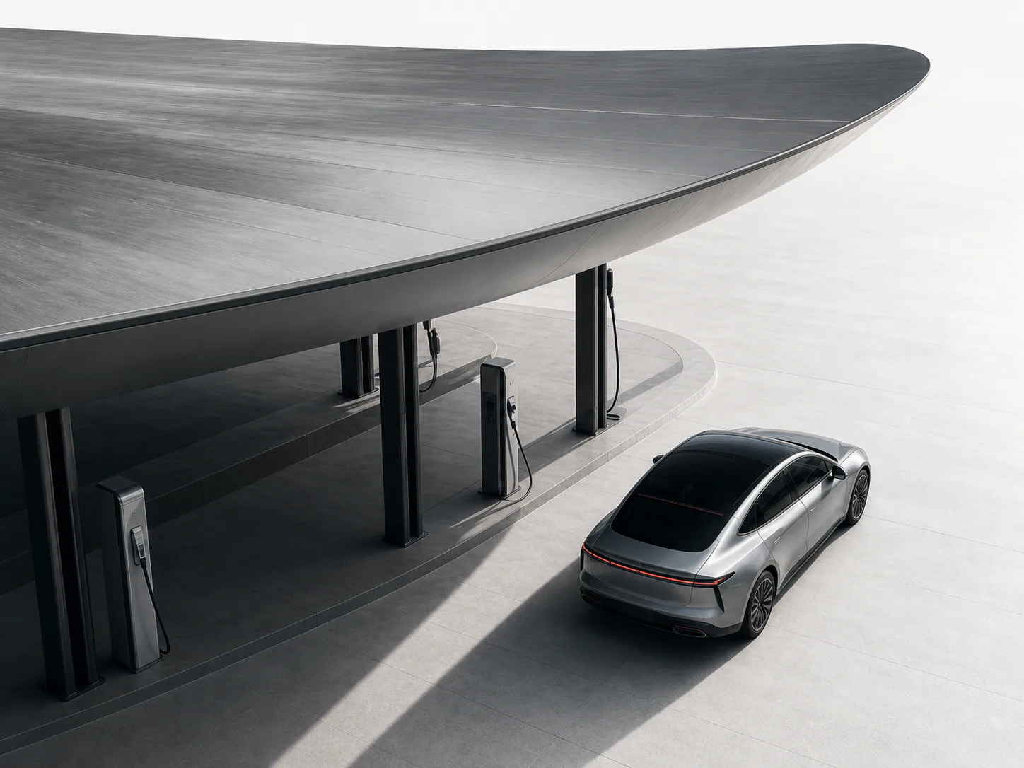 Aureline electric sedan beneath a sculptural charging canopy