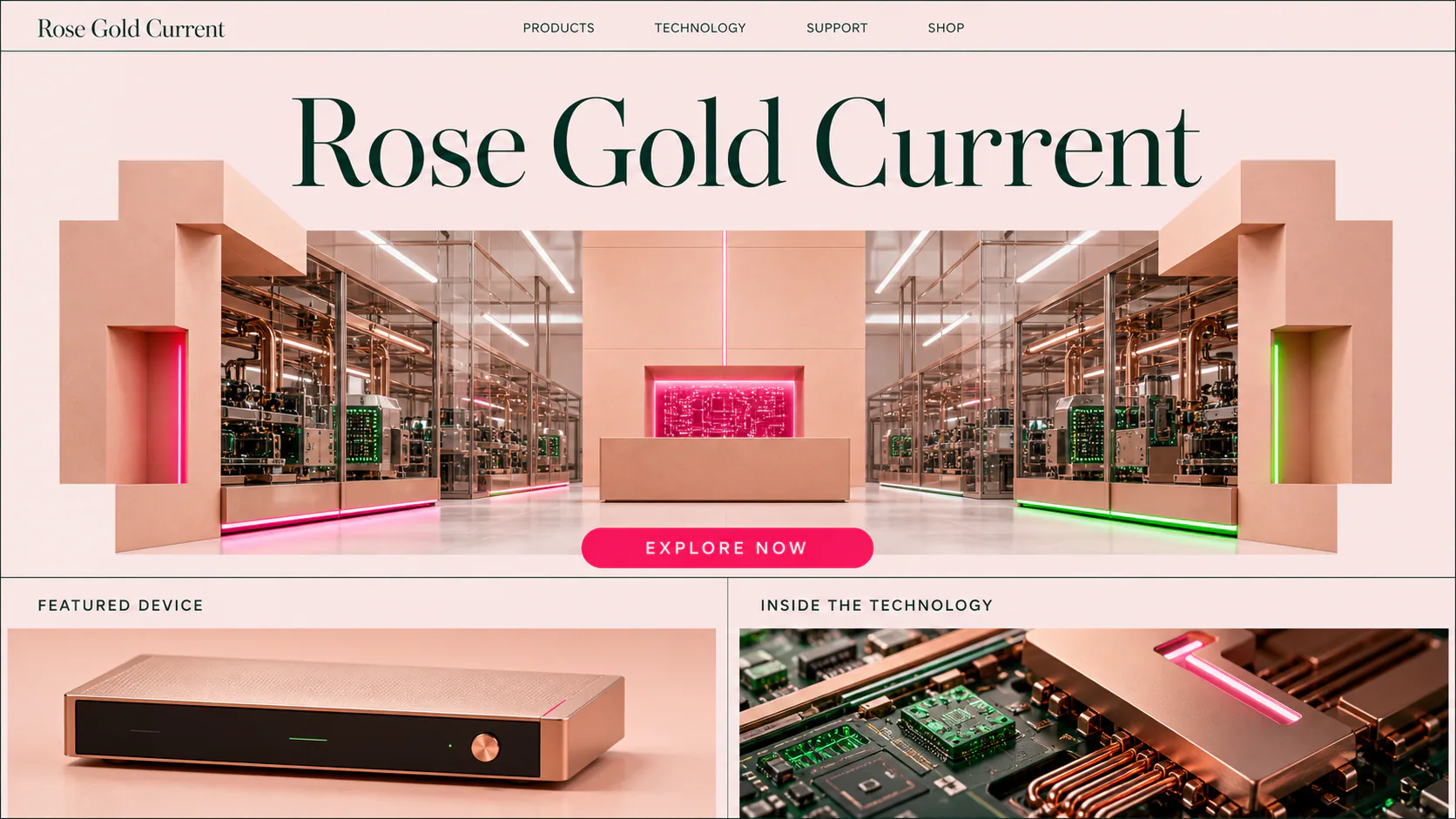 Rose-lit electronics assembly with green circuit boards and copper components
