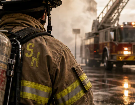 Firefighter standing beside a rescue apparatus after a response