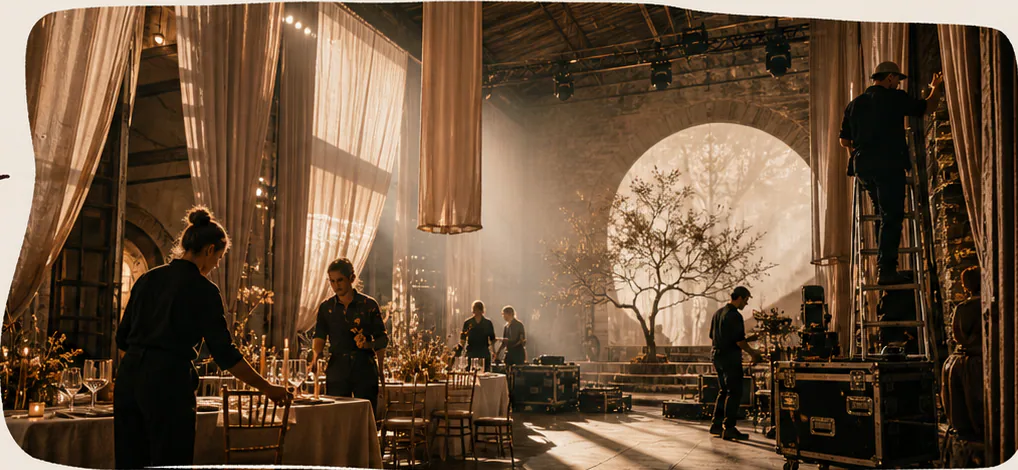 Production team preparing a candlelit dinner inside a tall-arched venue