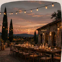 Outdoor dining table set beneath string lights at sunset