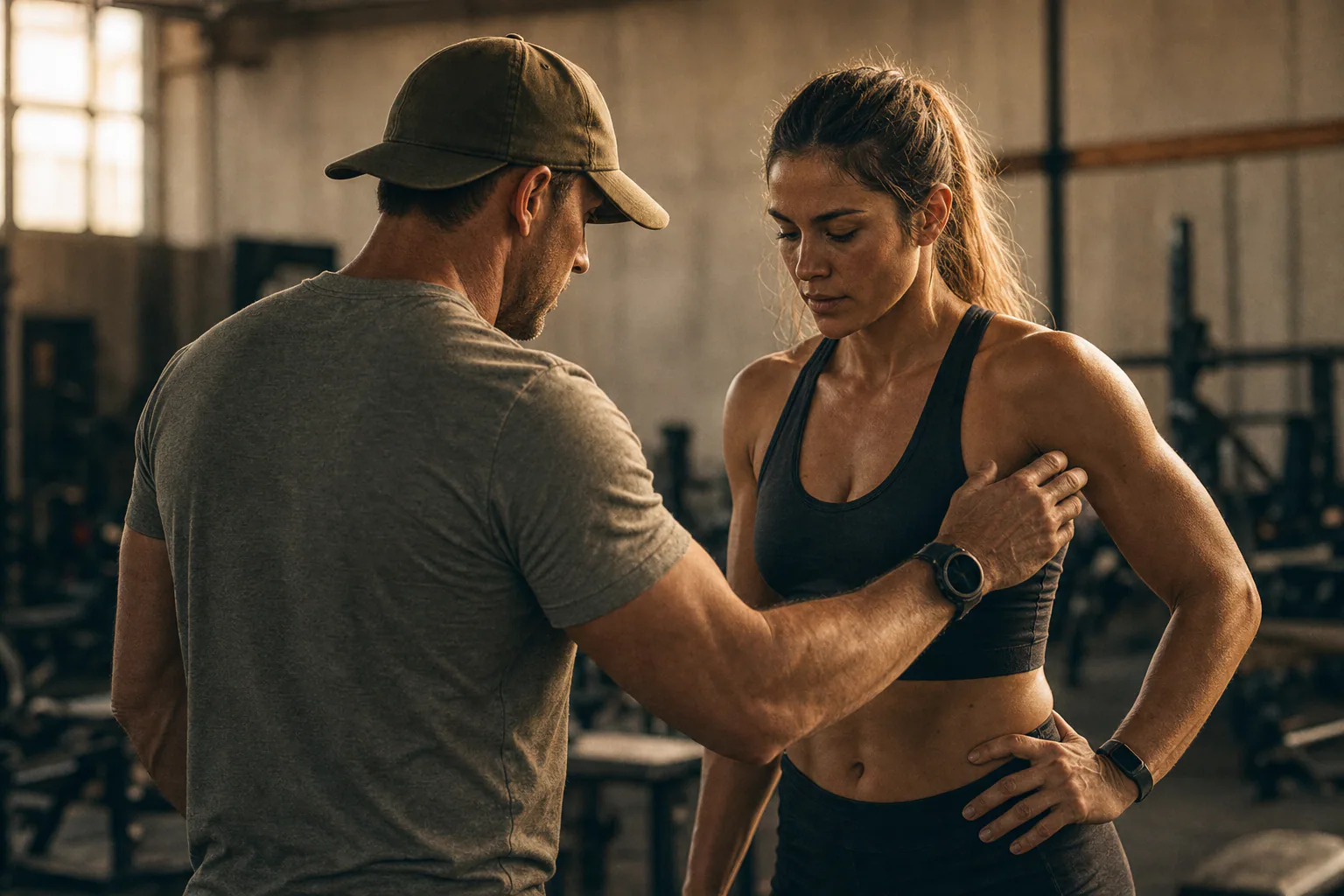 Coach guiding an athlete's stance