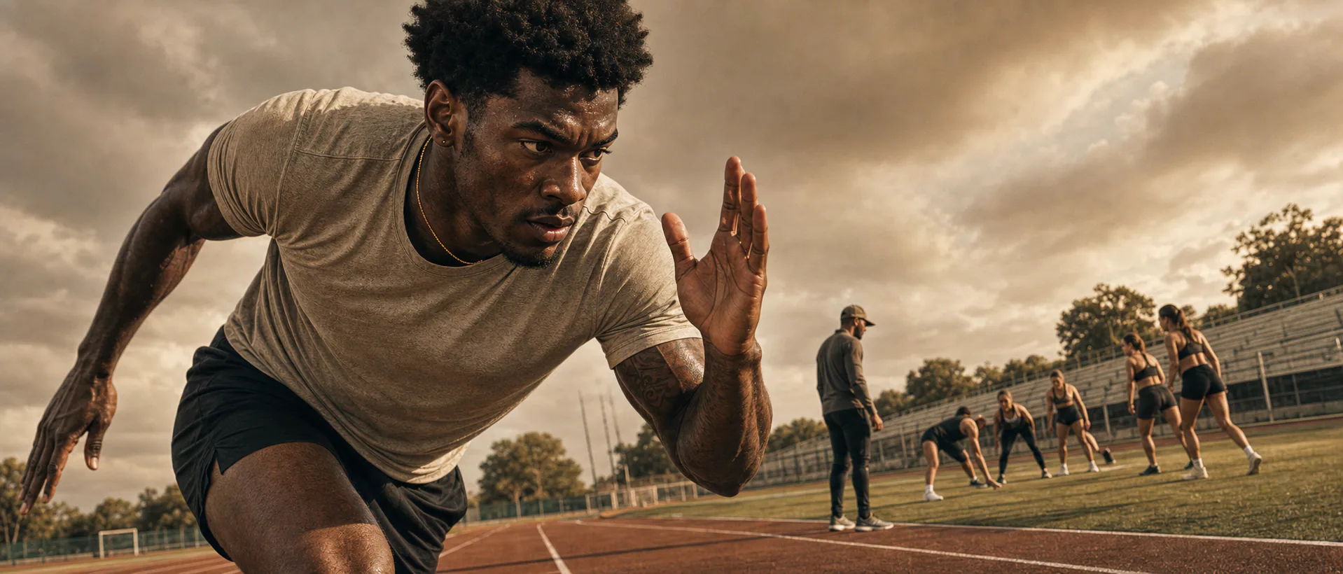 Sprinter launching into an outdoor training drill