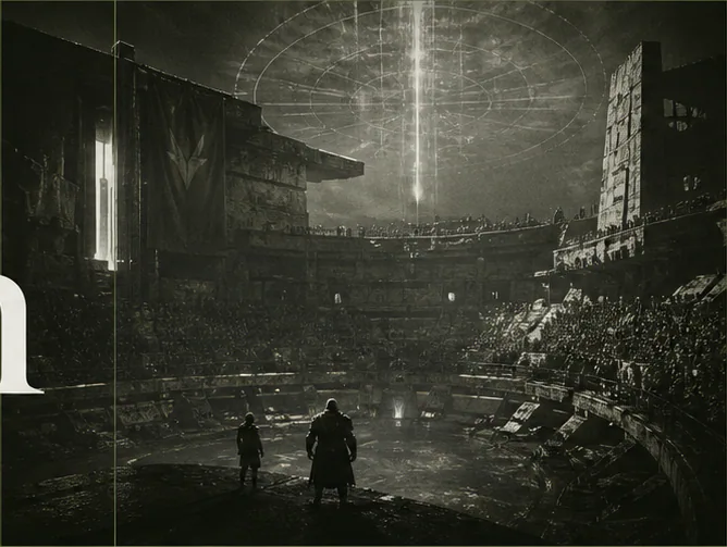 A vast arena city beneath a luminous portal