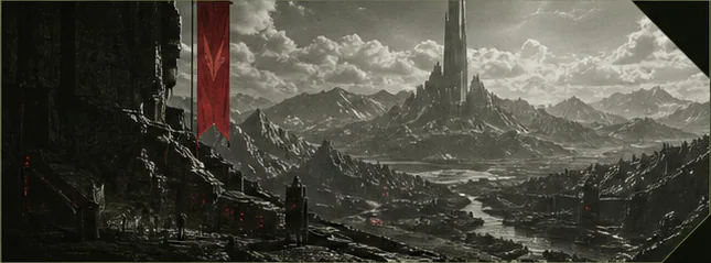 Mountainous game world surrounding a distant tower