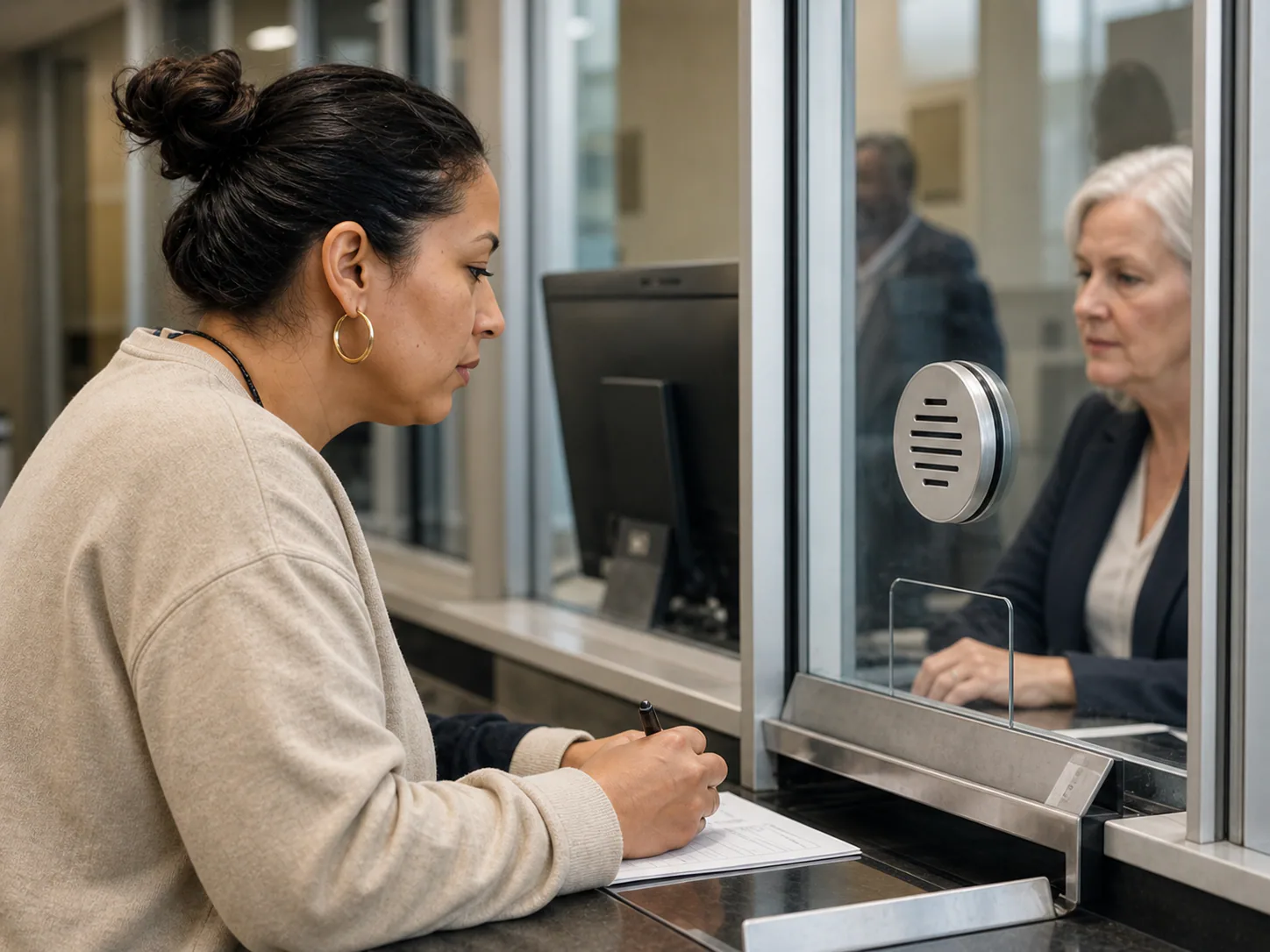 Resident completing paperwork with a clerk at a city service counter
