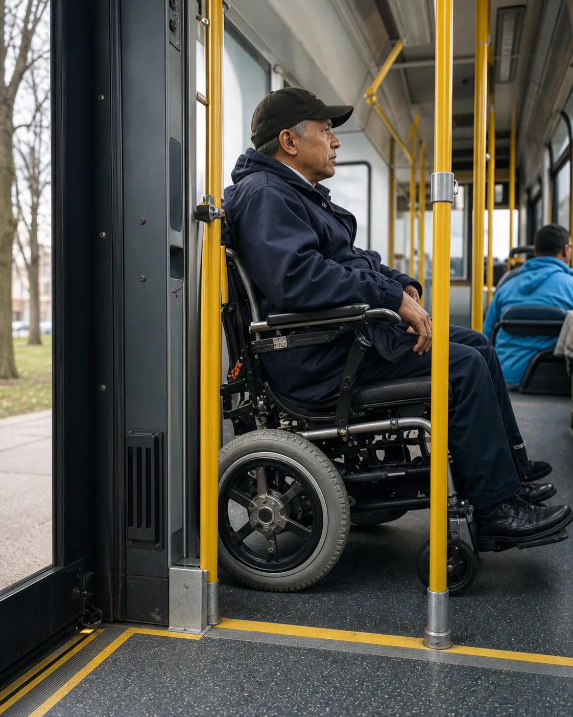 Wheelchair user riding an accessible public bus