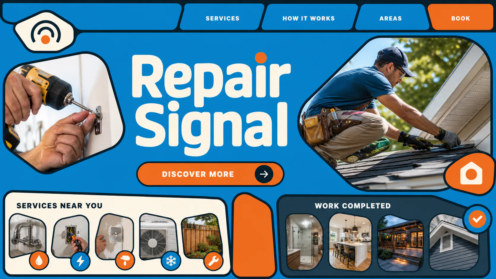 A Signal House repair crew working on a roof and household fixtures