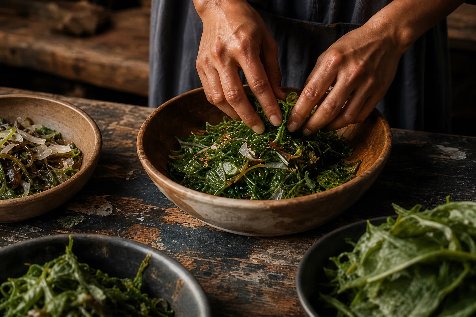 Hands preparing coastal greens