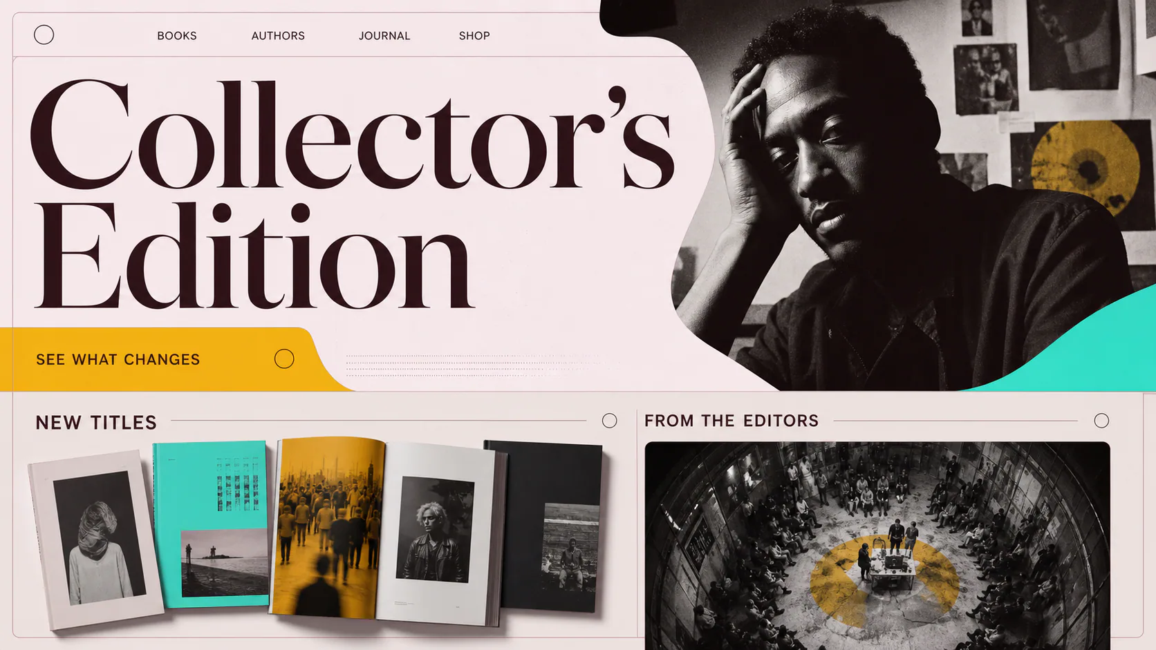 Black and white portrait beside a collage of collectible magazines