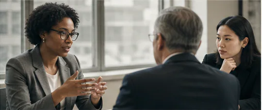 Advisors discussing a civic policy briefing