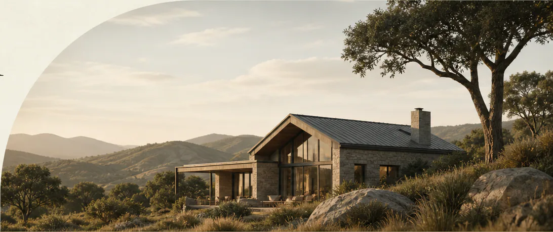 A sunlit home protected by a broad golden shelter