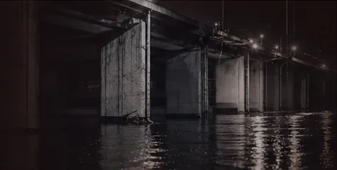 Flooded structure at night, ready for assessment