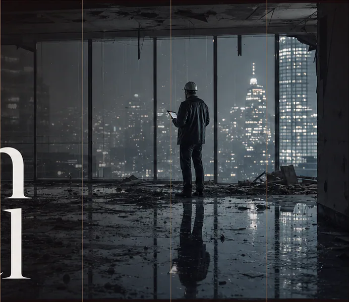Night risk inspector overlooking a city through a damaged building