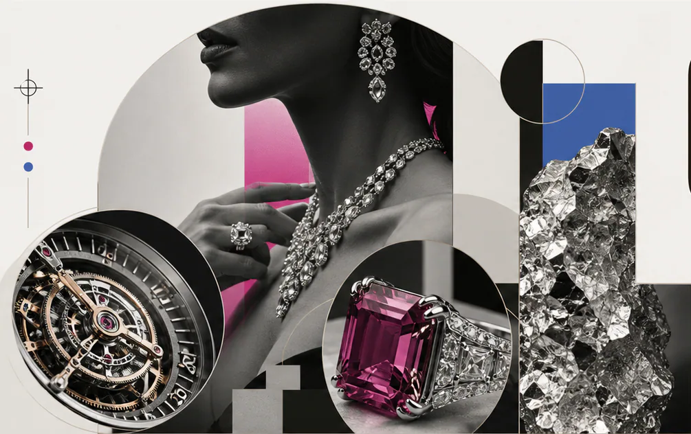 Monochrome jewelry campaign with a jeweled watch, sculptural ring, and mineral specimen